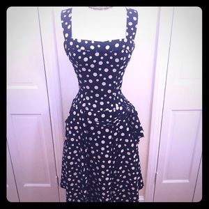 Gorgeous 1950s navy polka dot rayon party dress.